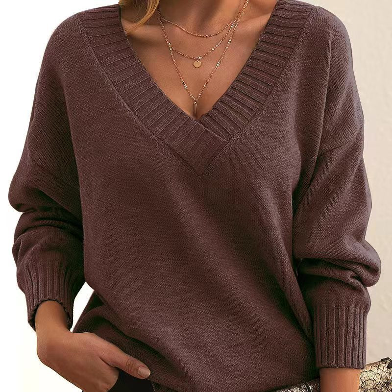Women's V-Neck Knit Sweater: Solid Color, Relaxed Fit.