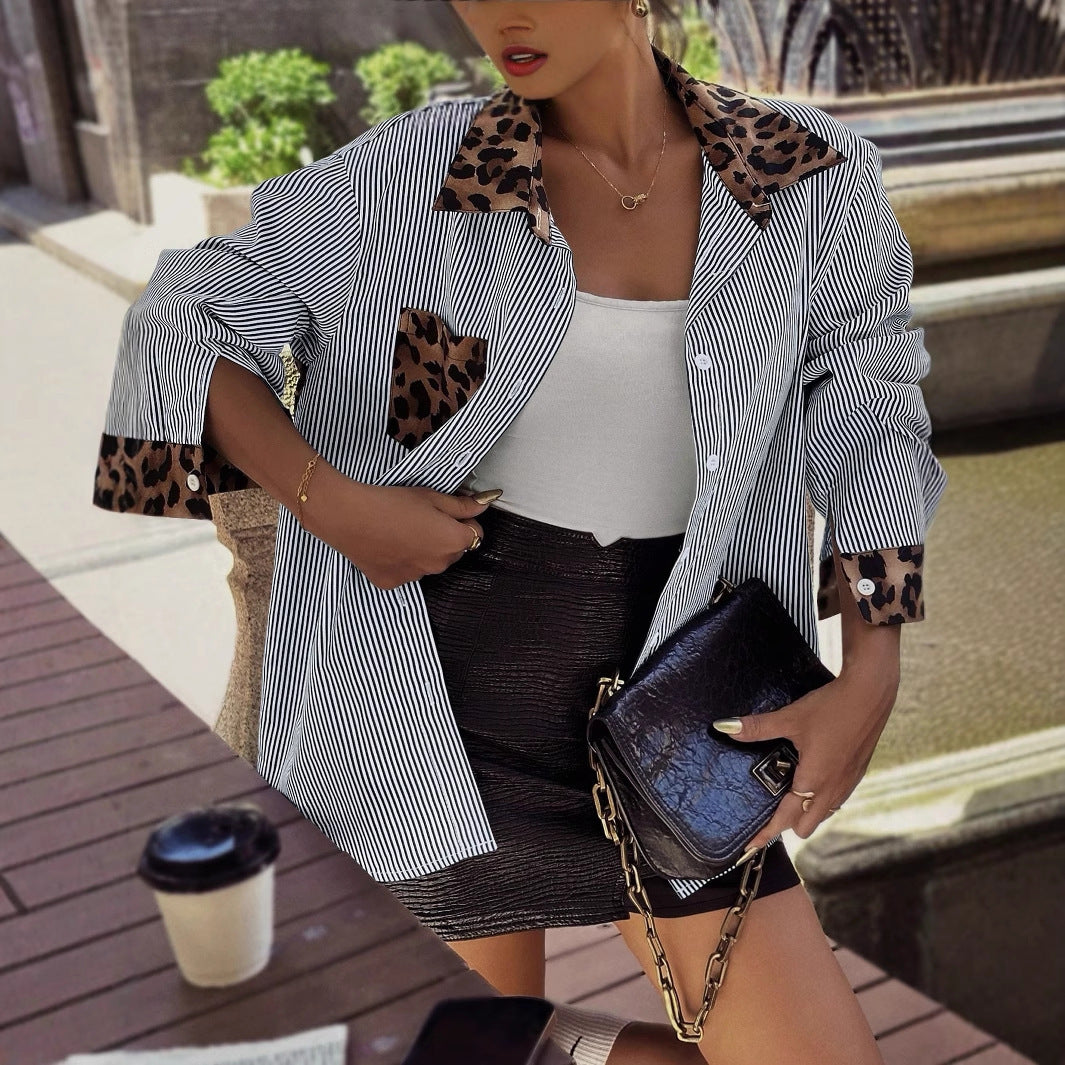 Women's Casual Shirt: Leopard Print with Patchwork Detail