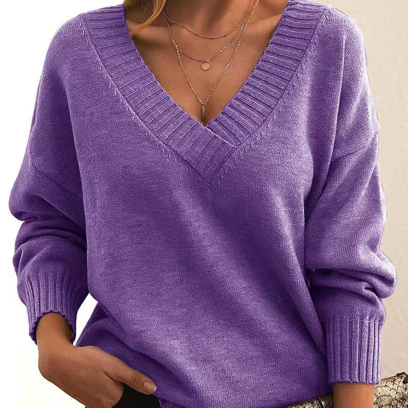 Women's V-Neck Knit Sweater: Solid Color, Relaxed Fit.