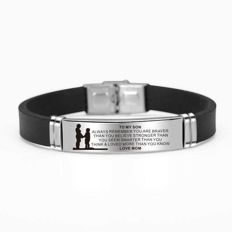 Engraved Family Bracelet: 'Mom & Dad to Daughter & Son' in Stainless Steel & Silicone
