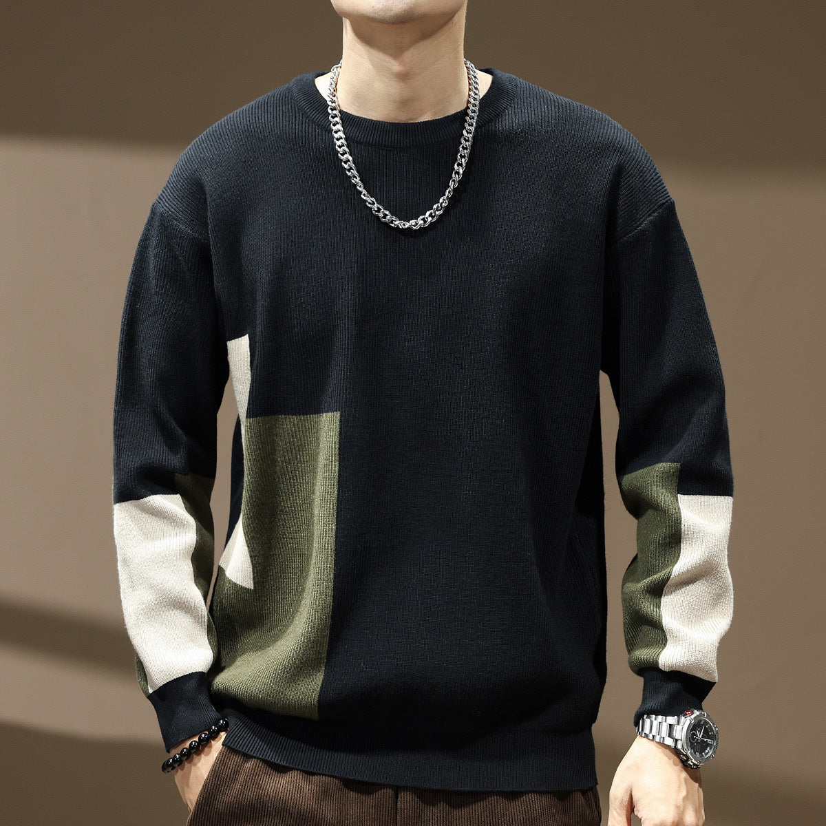 Men’s Oversized Patchwork Sweater – Color Block, Grunge, Y2K Streetwear