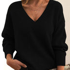 Women's V-Neck Knit Sweater: Solid Color, Relaxed Fit.