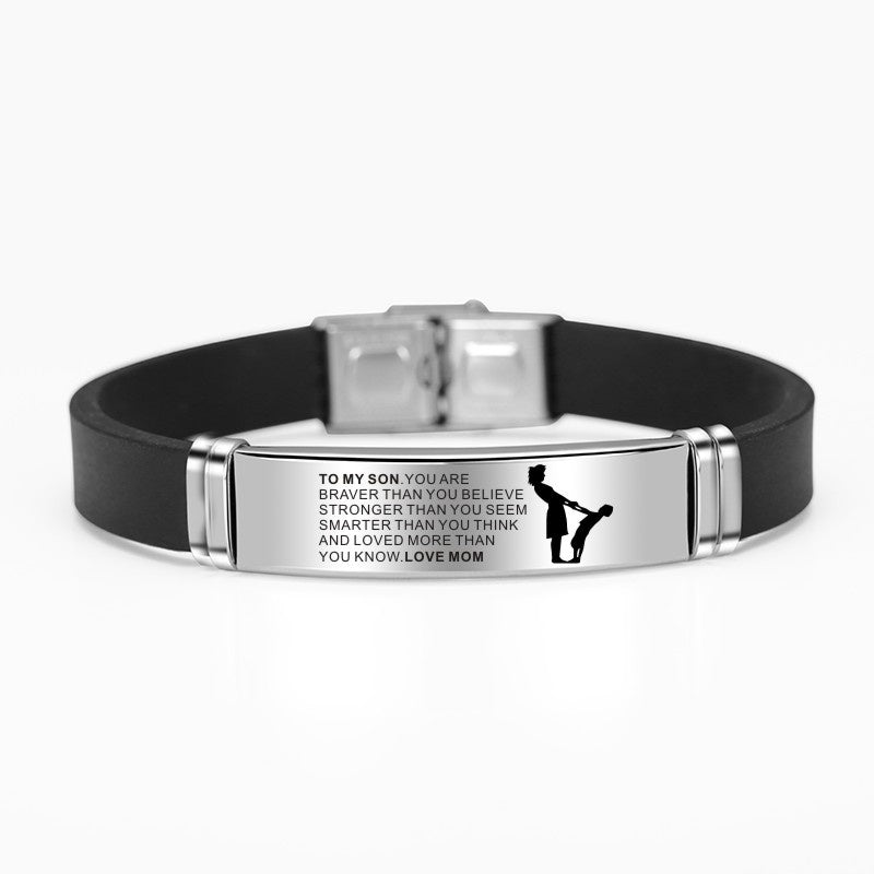 Engraved Family Bracelet: 'Mom & Dad to Daughter & Son' in Stainless Steel & Silicone