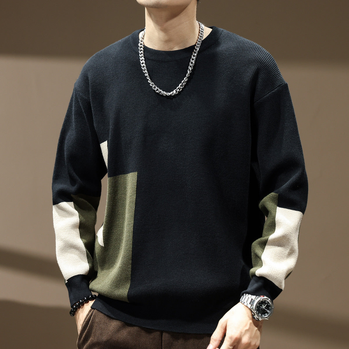 Men’s Oversized Patchwork Sweater – Color Block, Grunge, Y2K Streetwear