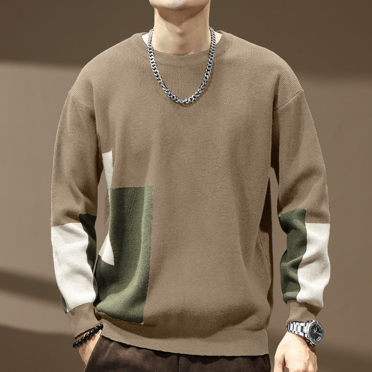 Men’s Oversized Patchwork Sweater – Color Block, Grunge, Y2K Streetwear