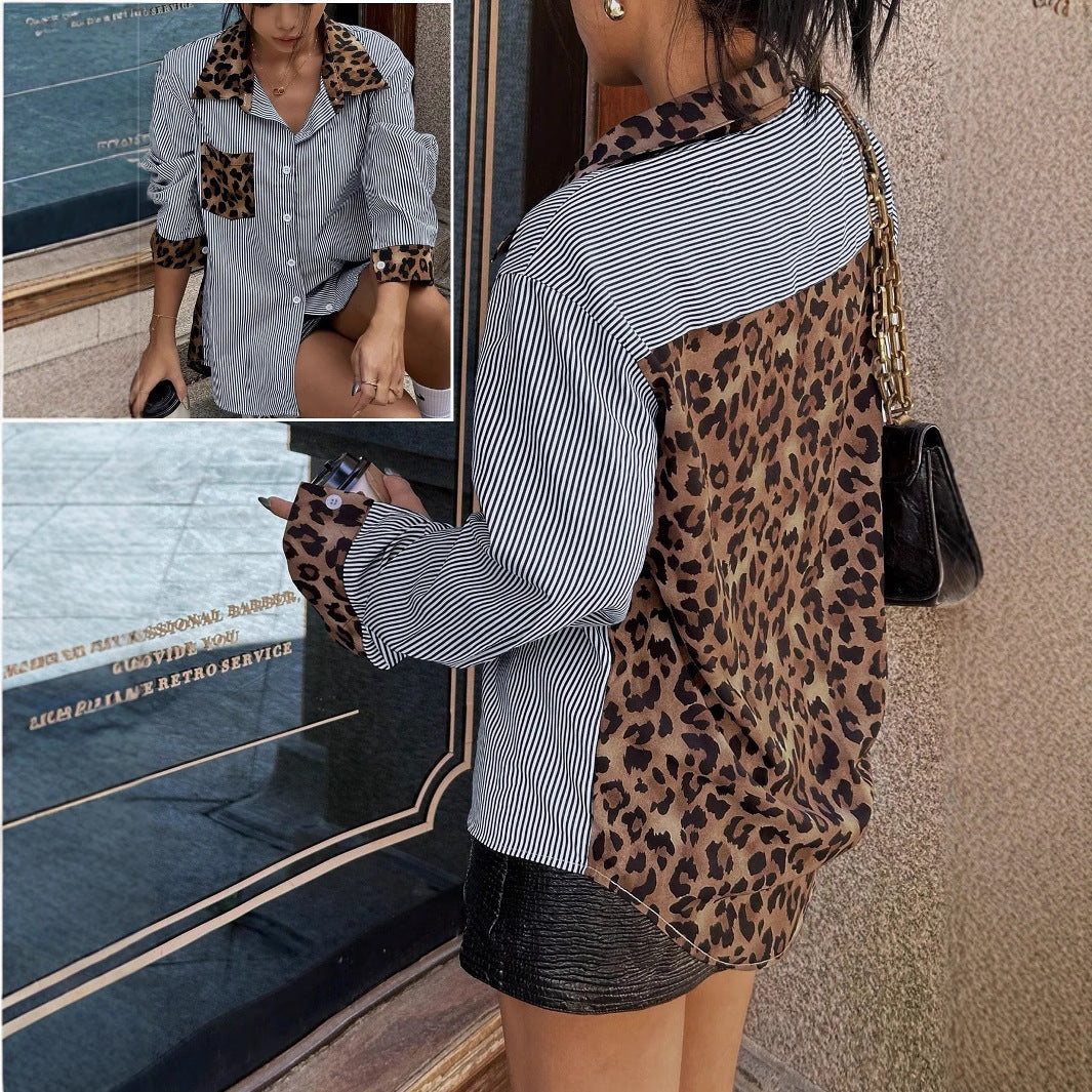Women's Casual Shirt: Leopard Print with Patchwork Detail