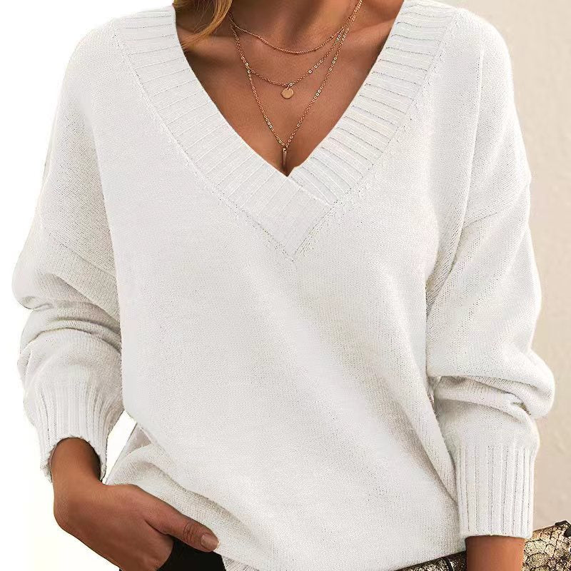 Women's V-Neck Knit Sweater: Solid Color, Relaxed Fit.