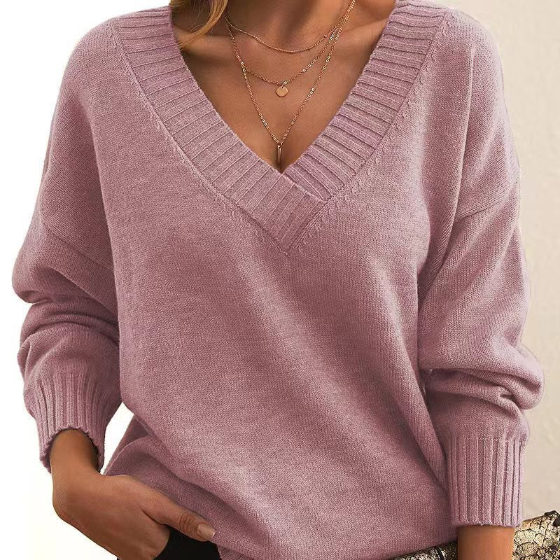 Women's V-Neck Knit Sweater: Solid Color, Relaxed Fit.