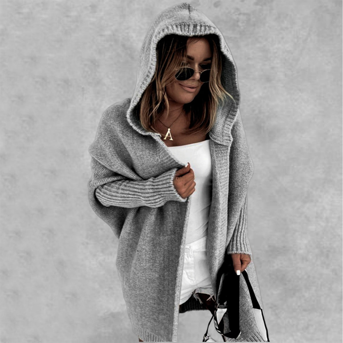 Women's Knit Cardigan: Hooded with Batwing Sleeves
