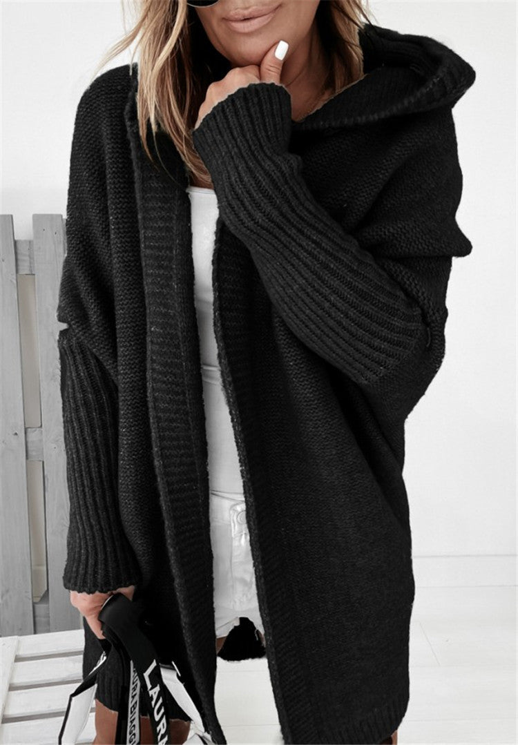 Women's Knit Cardigan: Hooded with Batwing Sleeves
