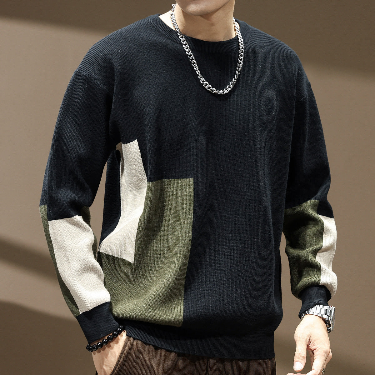 Men’s Oversized Patchwork Sweater – Color Block, Grunge, Y2K Streetwear