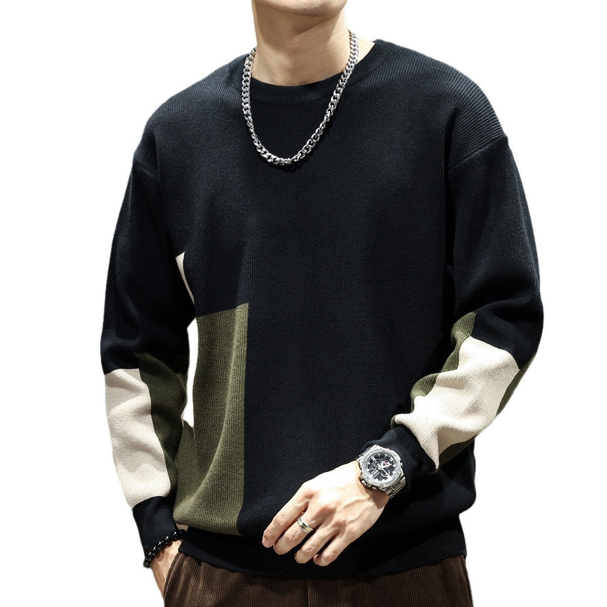 Men’s Oversized Patchwork Sweater – Color Block, Grunge, Y2K Streetwear
