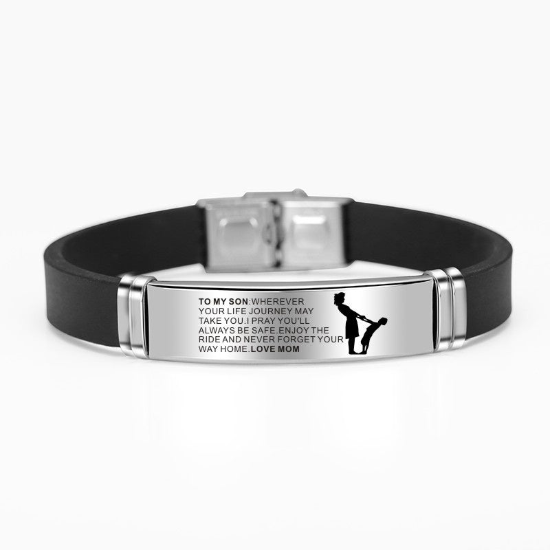 Engraved Family Bracelet: 'Mom & Dad to Daughter & Son' in Stainless Steel & Silicone