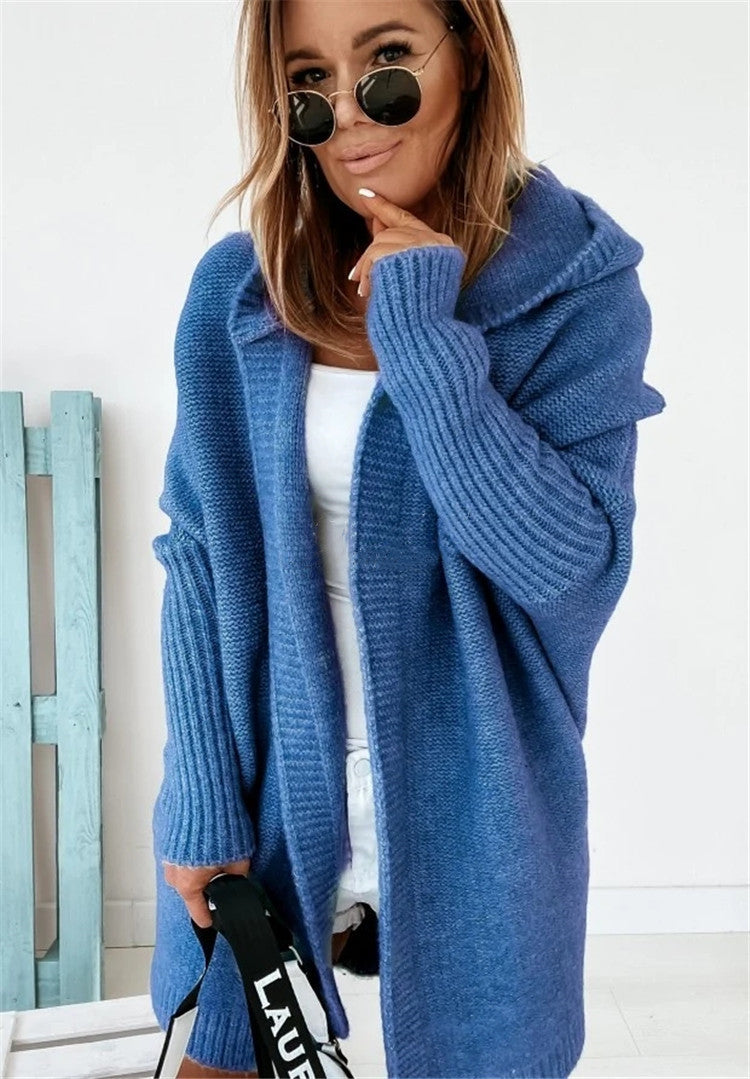 Women's Knit Cardigan: Hooded with Batwing Sleeves