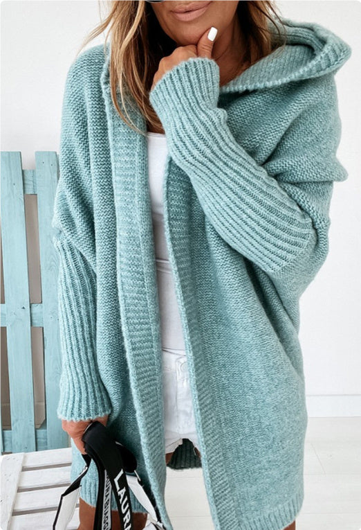 Women's Knit Cardigan: Hooded with Batwing Sleeves