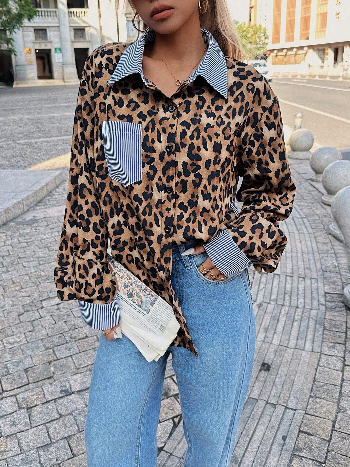 Women's Casual Shirt: Leopard Print with Patchwork Detail