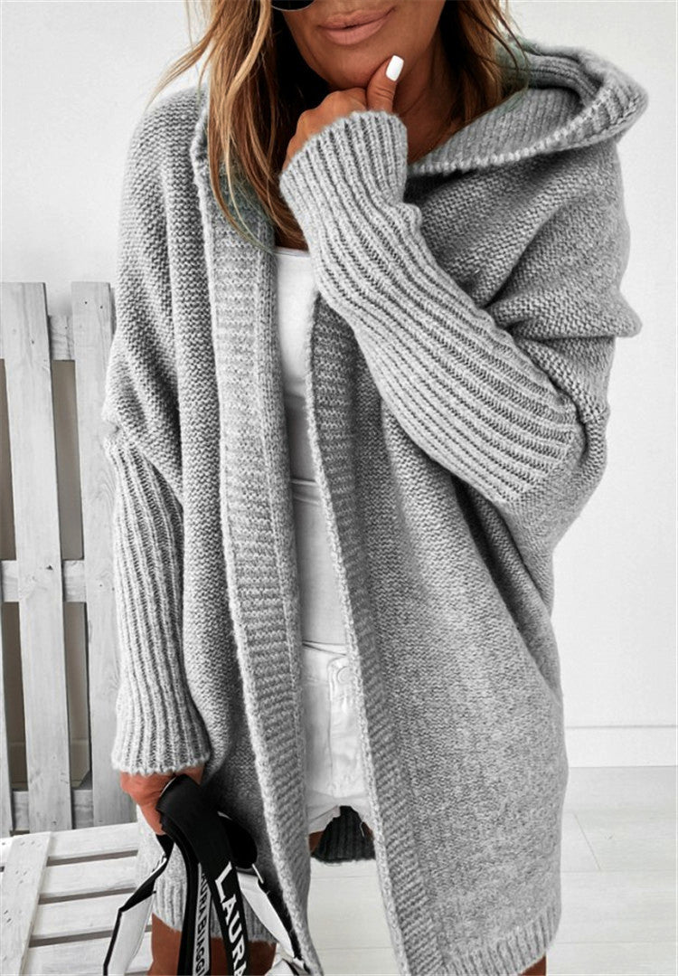 Women's Knit Cardigan: Hooded with Batwing Sleeves