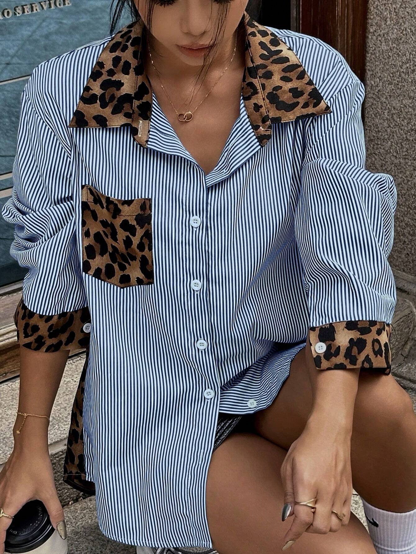 Women's Casual Shirt: Leopard Print with Patchwork Detail